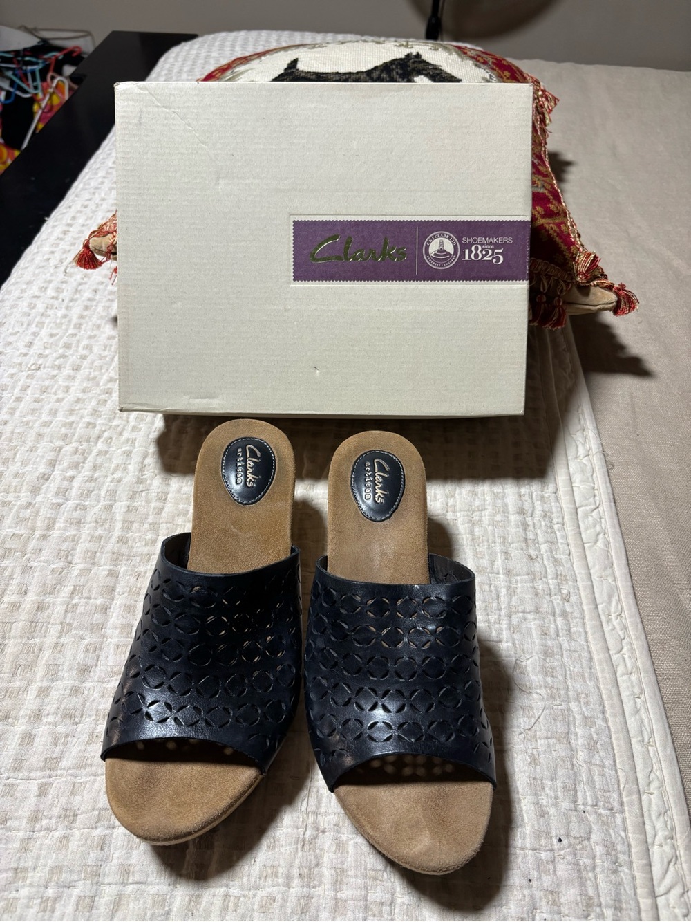 Clarks Black Perforated Leather Slide Mules